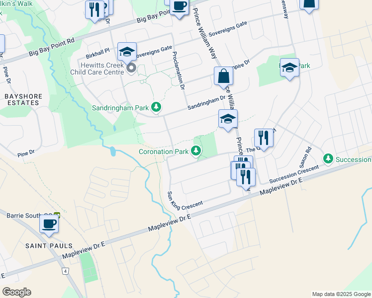 map of restaurants, bars, coffee shops, grocery stores, and more near 102 Bourbon Circle in Barrie