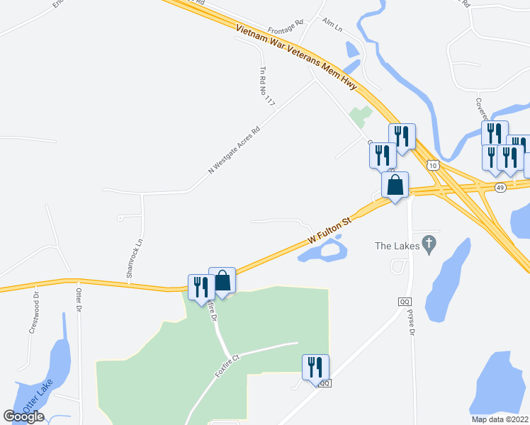 map of restaurants, bars, coffee shops, grocery stores, and more near 1344 Stone Ridge Road in Waupaca