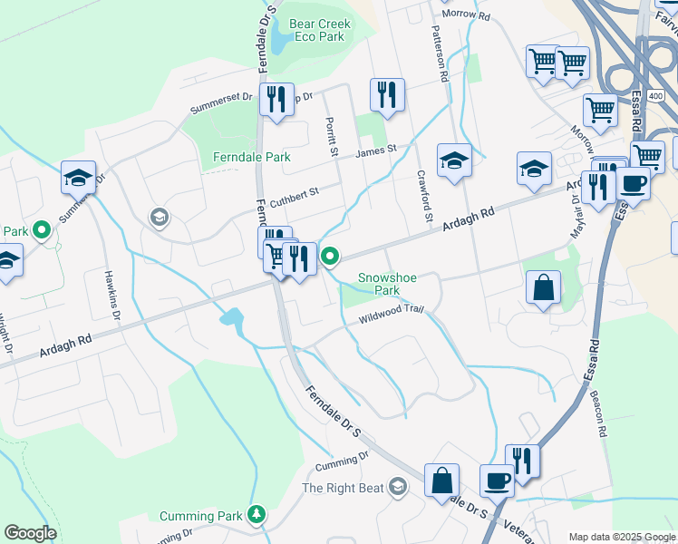 map of restaurants, bars, coffee shops, grocery stores, and more near 189 Ardagh Road in Barrie