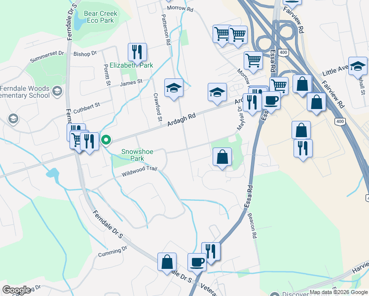 map of restaurants, bars, coffee shops, grocery stores, and more near 222 Patterson Road in Barrie