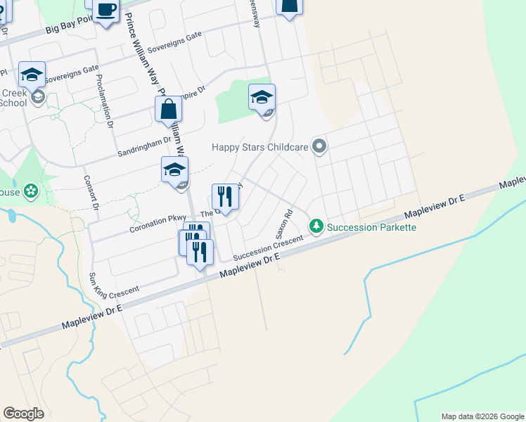 map of restaurants, bars, coffee shops, grocery stores, and more near 17 Maple Crown Terrace in Barrie