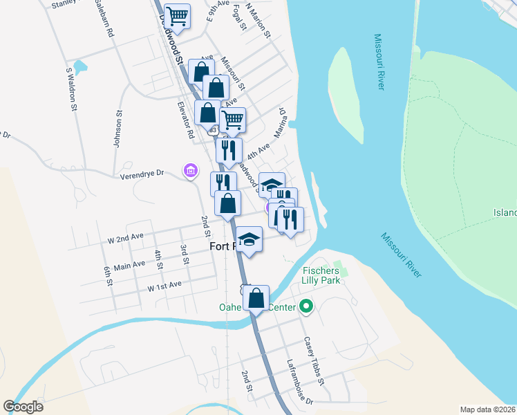 map of restaurants, bars, coffee shops, grocery stores, and more near 18 East 2nd Avenue in Fort Pierre