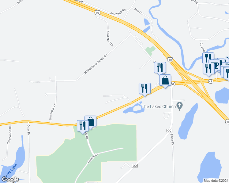 map of restaurants, bars, coffee shops, grocery stores, and more near 1340 Stone Ridge Road in Waupaca