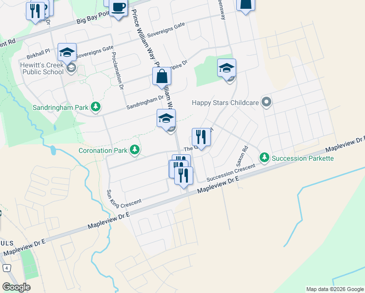 map of restaurants, bars, coffee shops, grocery stores, and more near 135 Prince William Way in Barrie