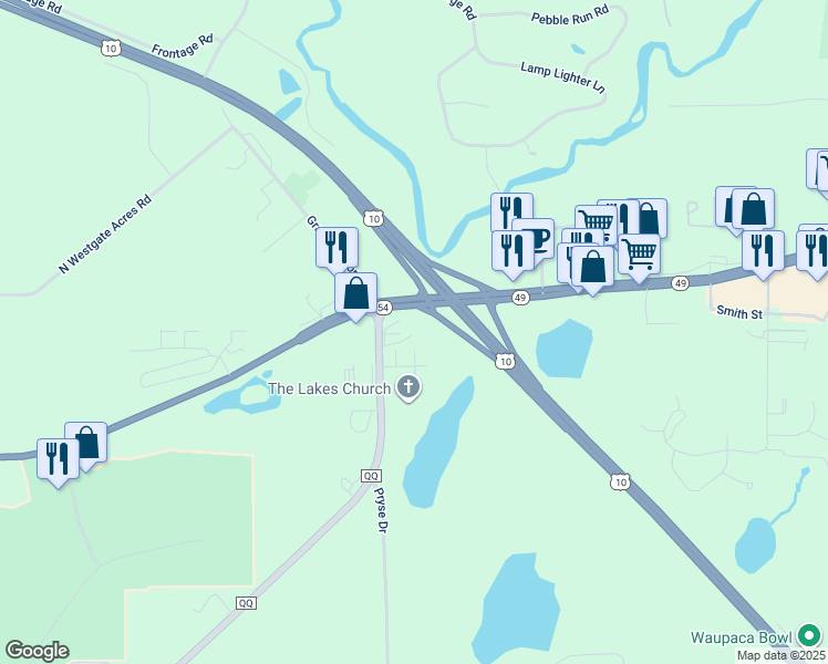 map of restaurants, bars, coffee shops, grocery stores, and more near 109 County Road QQ in Waupaca