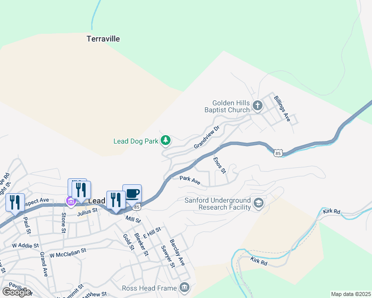 map of restaurants, bars, coffee shops, grocery stores, and more near 317 Fox Street in Lead