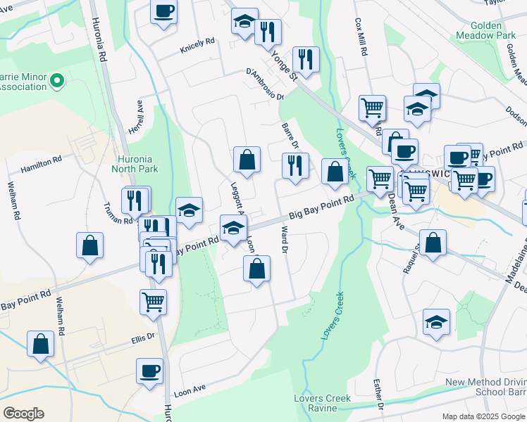 map of restaurants, bars, coffee shops, grocery stores, and more near 392 Big Bay Point Road in Barrie