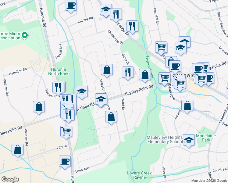 map of restaurants, bars, coffee shops, grocery stores, and more near 392 Big Bay Point Road in Barrie