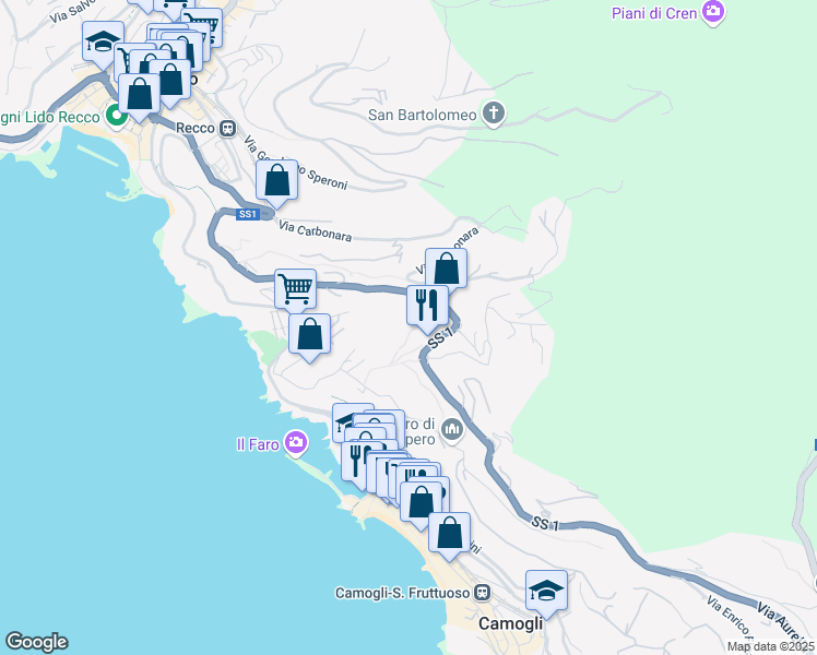 map of restaurants, bars, coffee shops, grocery stores, and more near 39 Via San Giacomo in Camogli