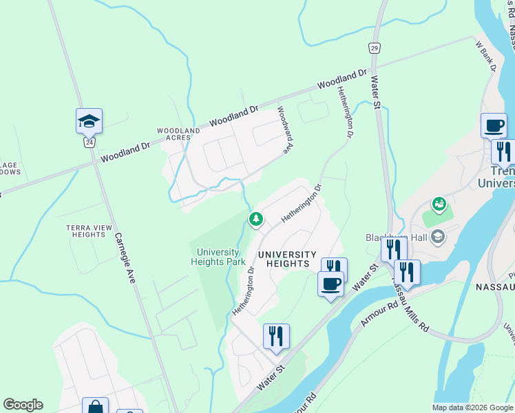 map of restaurants, bars, coffee shops, grocery stores, and more near 2891 Jennifer Drive in Peterborough