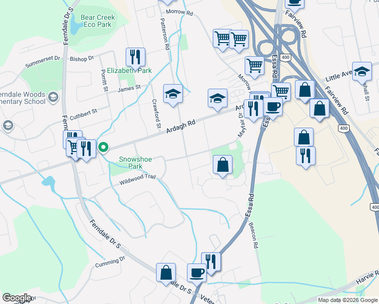map of restaurants, bars, coffee shops, grocery stores, and more near 76 Mayfair Drive in Barrie