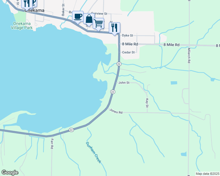 map of restaurants, bars, coffee shops, grocery stores, and more near 7574 1st Street in Onekama
