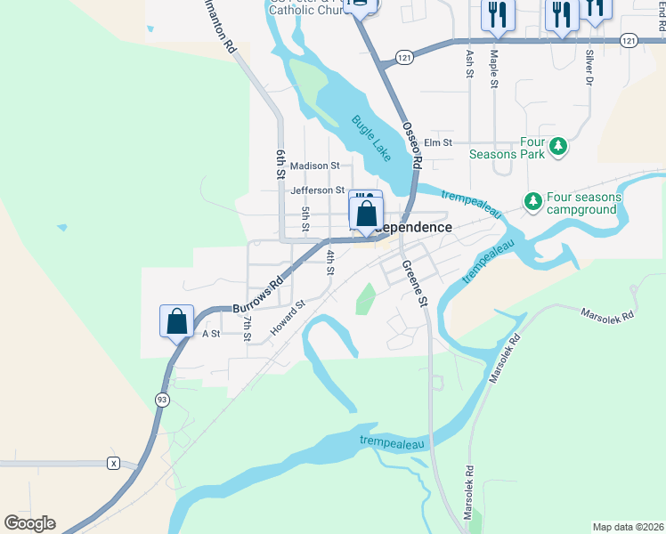 map of restaurants, bars, coffee shops, grocery stores, and more near 35430 4th Street in Independence