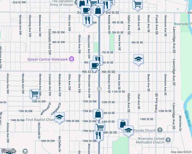 map of restaurants, bars, coffee shops, grocery stores, and more near 1-99 10th St SE in Huron
