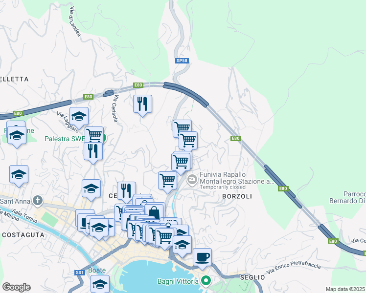 map of restaurants, bars, coffee shops, grocery stores, and more near 191 Via Fratelli Betti in Rapallo