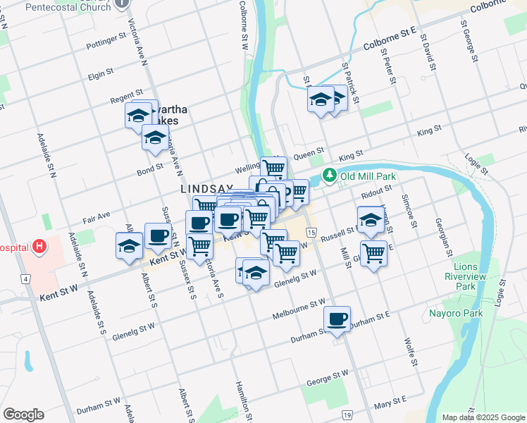 map of restaurants, bars, coffee shops, grocery stores, and more near 24 William Street North in Kawartha Lakes