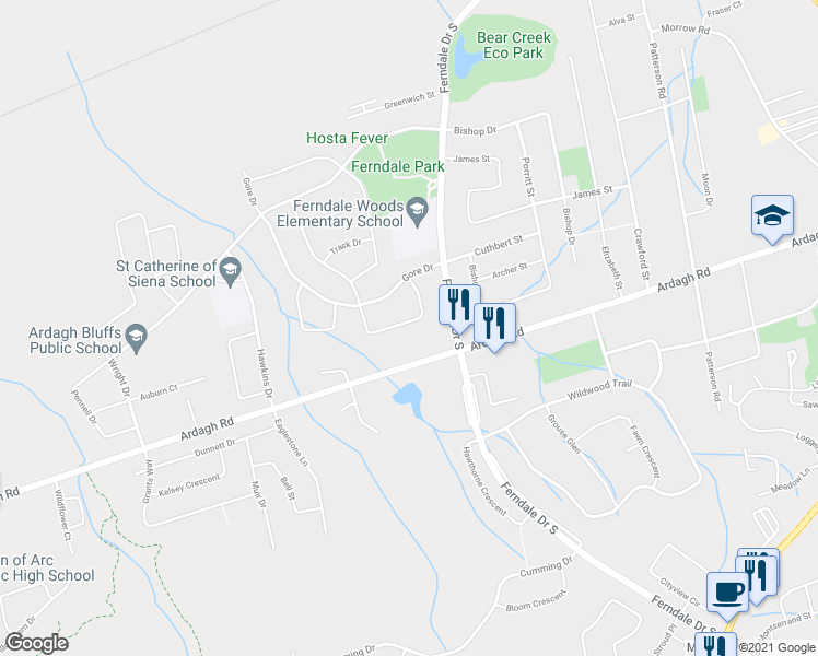map of restaurants, bars, coffee shops, grocery stores, and more near 59 Cunningham Drive in Barrie