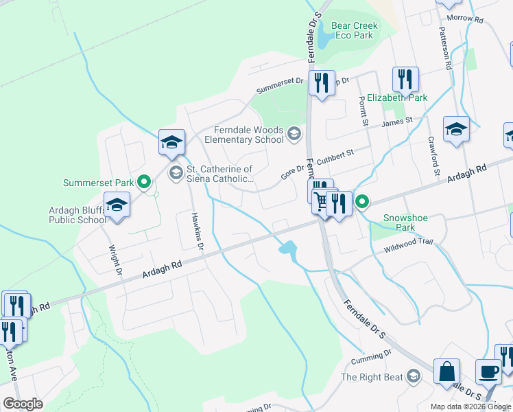 map of restaurants, bars, coffee shops, grocery stores, and more near 117 Cunningham Drive in Barrie