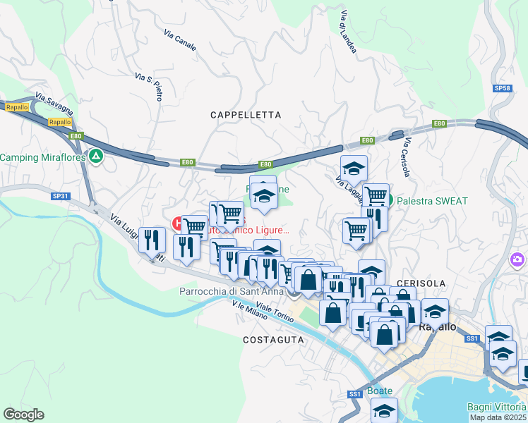 map of restaurants, bars, coffee shops, grocery stores, and more near Via Benedetto Brin in Rapallo