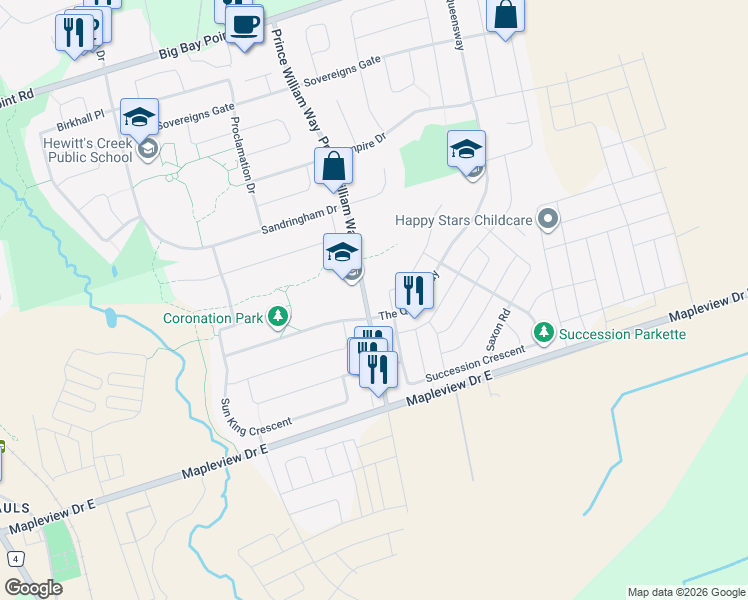 map of restaurants, bars, coffee shops, grocery stores, and more near 131 Prince William Way in Barrie