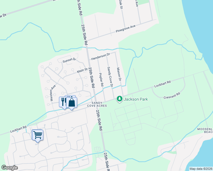 map of restaurants, bars, coffee shops, grocery stores, and more near 3039 Poplar Road in Innisfil