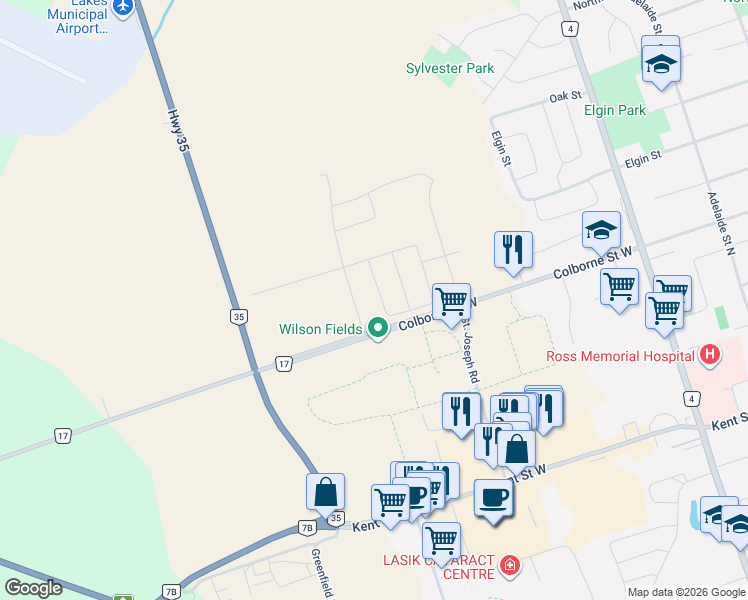 map of restaurants, bars, coffee shops, grocery stores, and more near 37 Corley Street in Kawartha Lakes
