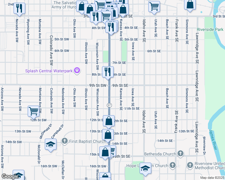 map of restaurants, bars, coffee shops, grocery stores, and more near 1-99 10th St SE in Huron