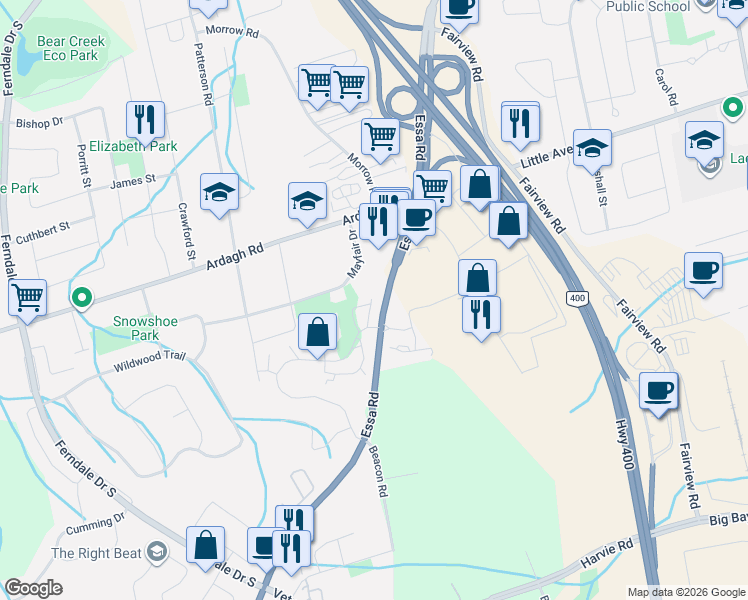 map of restaurants, bars, coffee shops, grocery stores, and more near 11 Quail Crescent in Barrie