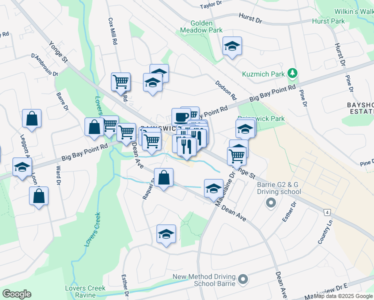 map of restaurants, bars, coffee shops, grocery stores, and more near 640 Yonge Street in Barrie