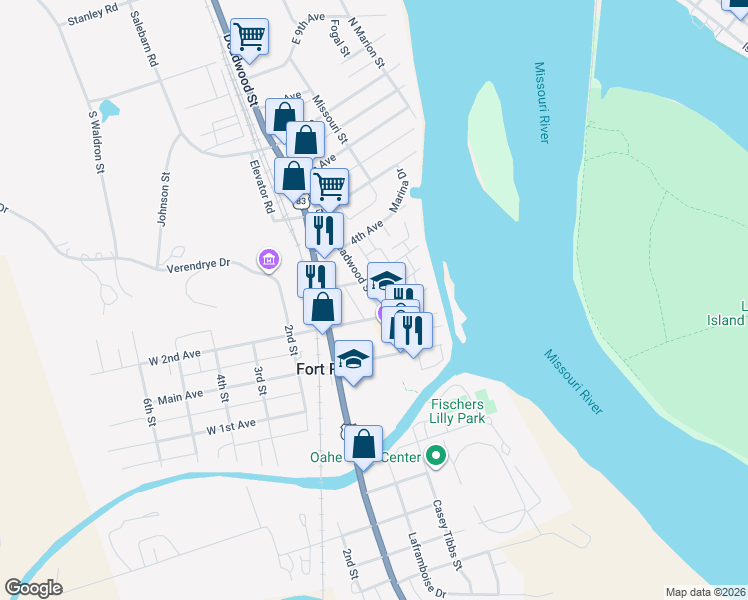 map of restaurants, bars, coffee shops, grocery stores, and more near 18 East 2nd Avenue in Fort Pierre