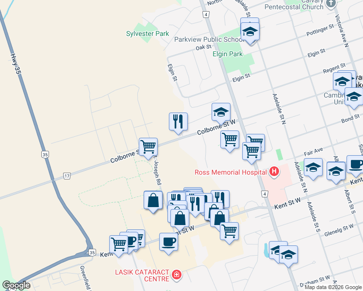 map of restaurants, bars, coffee shops, grocery stores, and more near 181 Colborne Street West in Kawartha Lakes