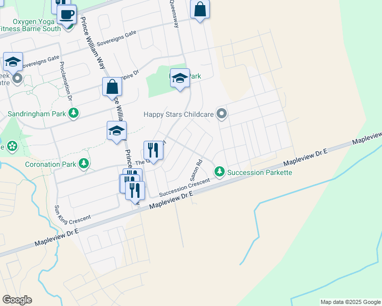 map of restaurants, bars, coffee shops, grocery stores, and more near 32 Counsellor Terrace in Barrie