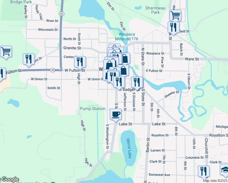 map of restaurants, bars, coffee shops, grocery stores, and more near 306 South Main Street in Waupaca