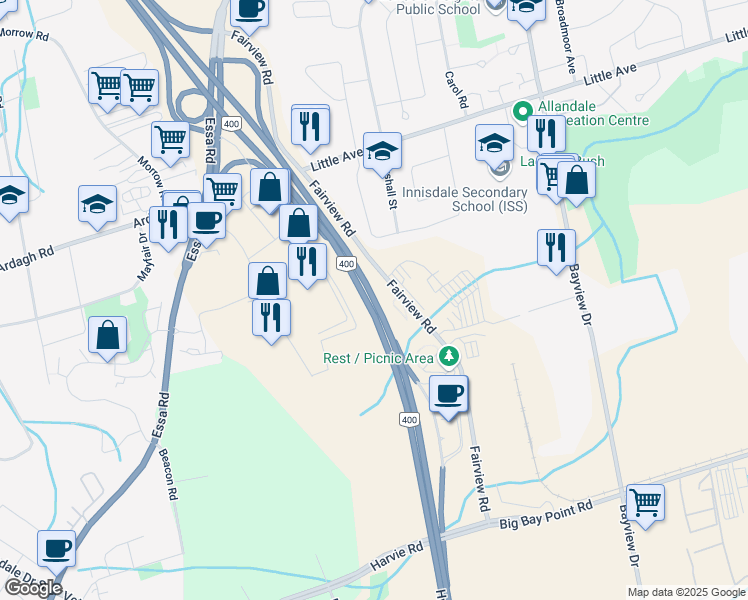 map of restaurants, bars, coffee shops, grocery stores, and more near Ontario 400 in Barrie