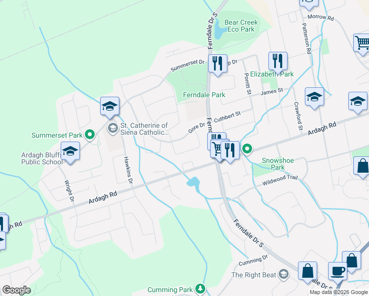 map of restaurants, bars, coffee shops, grocery stores, and more near 80 Cunningham Drive in Barrie