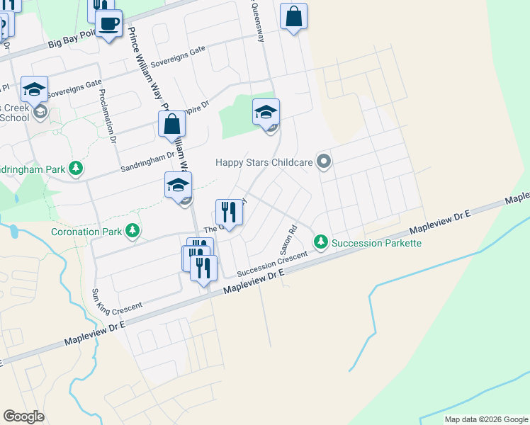 map of restaurants, bars, coffee shops, grocery stores, and more near 22 Maple Crown Terrace in Barrie