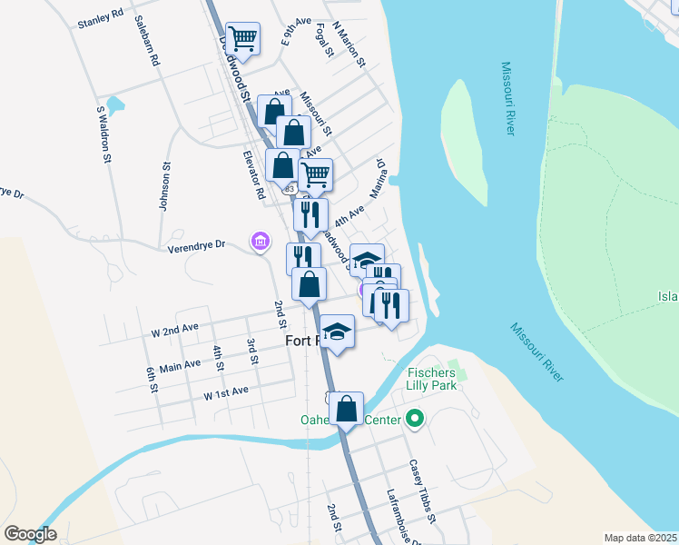 map of restaurants, bars, coffee shops, grocery stores, and more near 128 3rd Avenue in Fort Pierre