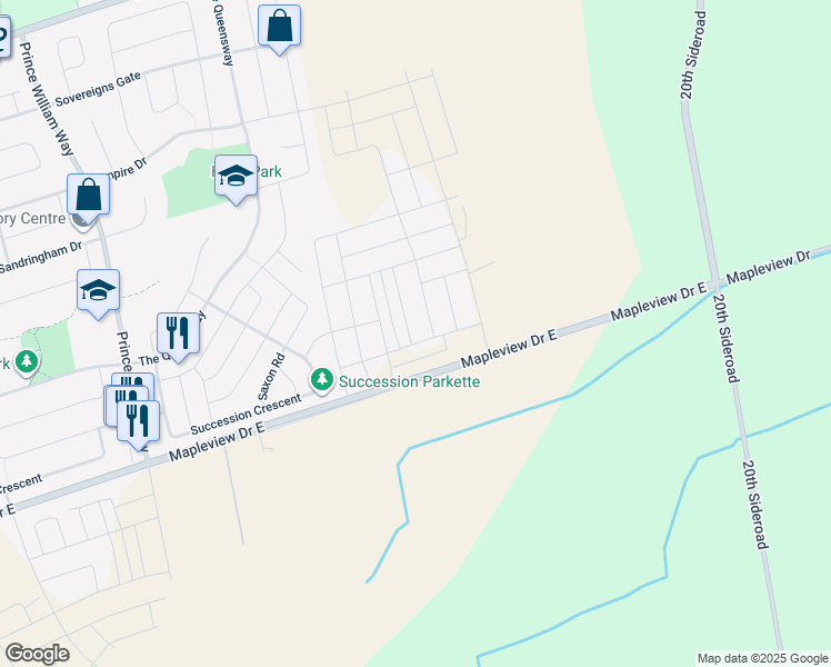 map of restaurants, bars, coffee shops, grocery stores, and more near 1700 Mapleview Drive in Barrie