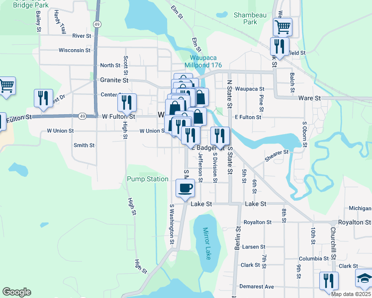 map of restaurants, bars, coffee shops, grocery stores, and more near 306 South Main Street in Waupaca