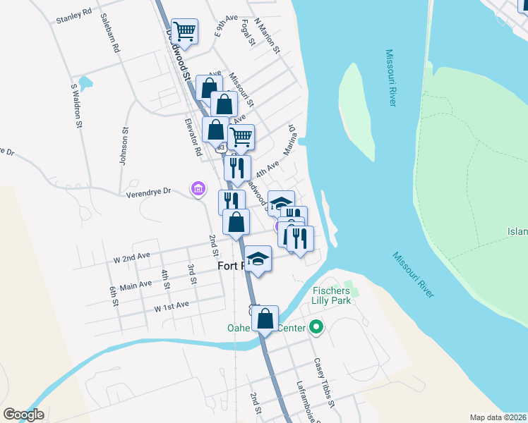 map of restaurants, bars, coffee shops, grocery stores, and more near 215 Deadwood Street in Fort Pierre