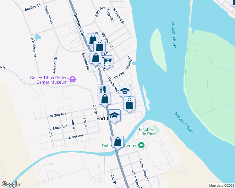 map of restaurants, bars, coffee shops, grocery stores, and more near 213 Deadwood Street in Fort Pierre