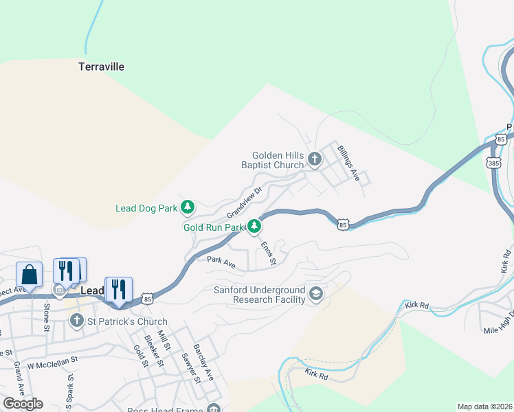 map of restaurants, bars, coffee shops, grocery stores, and more near 301-699 Grandview Drive in Lead