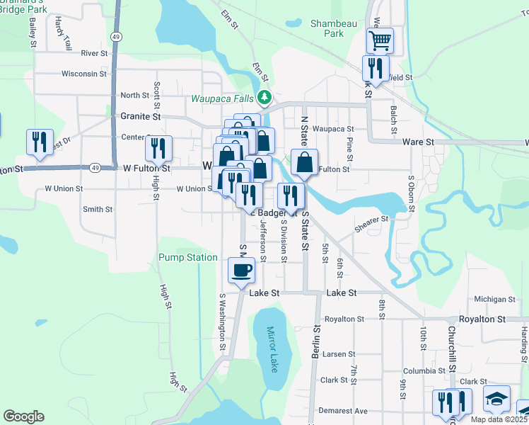 map of restaurants, bars, coffee shops, grocery stores, and more near 206 East Badger Street in Waupaca