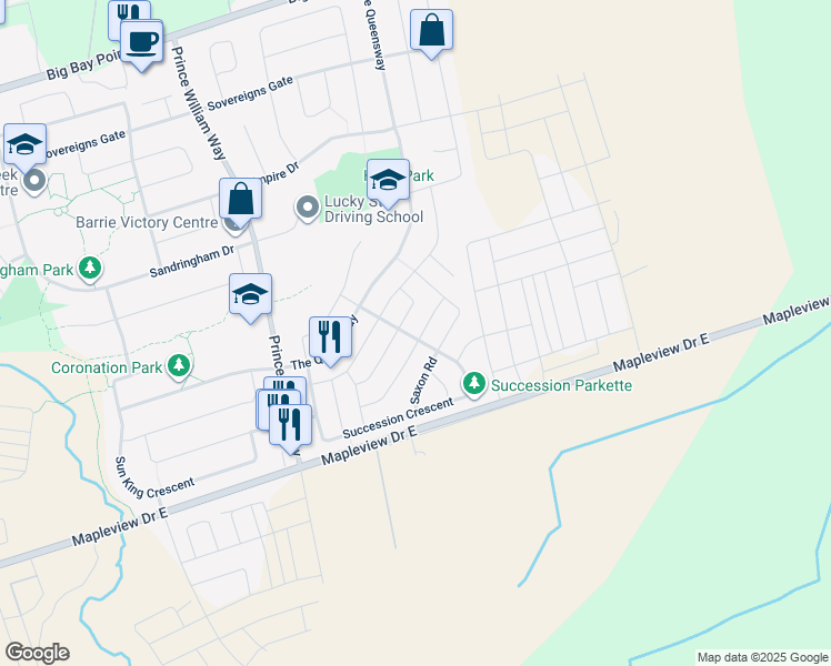 map of restaurants, bars, coffee shops, grocery stores, and more near 42 Counsellor Terrace in Barrie