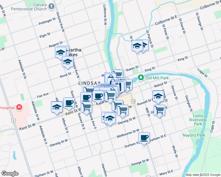map of restaurants, bars, coffee shops, grocery stores, and more near 75 William Street North in Kawartha Lakes