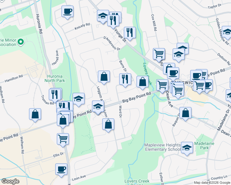 map of restaurants, bars, coffee shops, grocery stores, and more near in Barrie