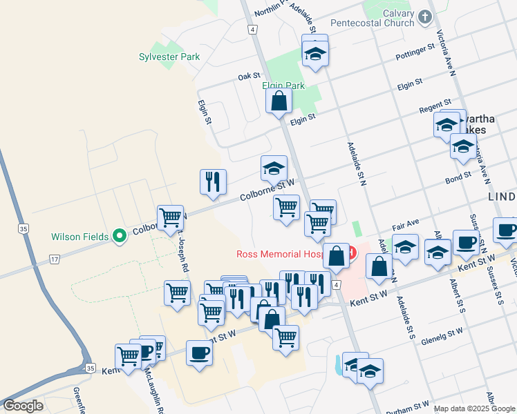 map of restaurants, bars, coffee shops, grocery stores, and more near 159 Colborne Street West in Kawartha Lakes
