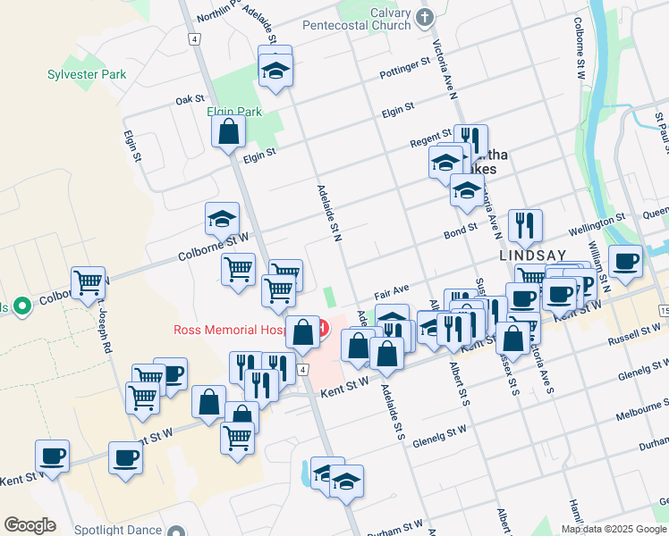 map of restaurants, bars, coffee shops, grocery stores, and more near 57 Adelaide Street North in Kawartha Lakes