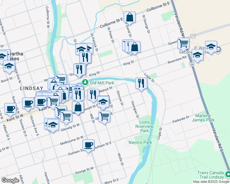 map of restaurants, bars, coffee shops, grocery stores, and more near 57 Ridout Street in Kawartha Lakes