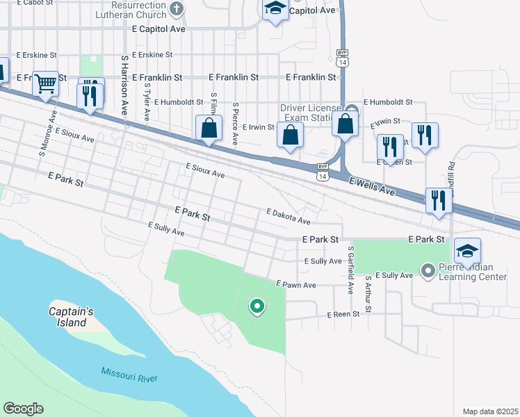 map of restaurants, bars, coffee shops, grocery stores, and more near South Buchanan Avenue in Pierre